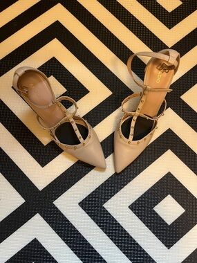 Aldo Nude Pointed-Toe Studded Ankle-Strap Heels